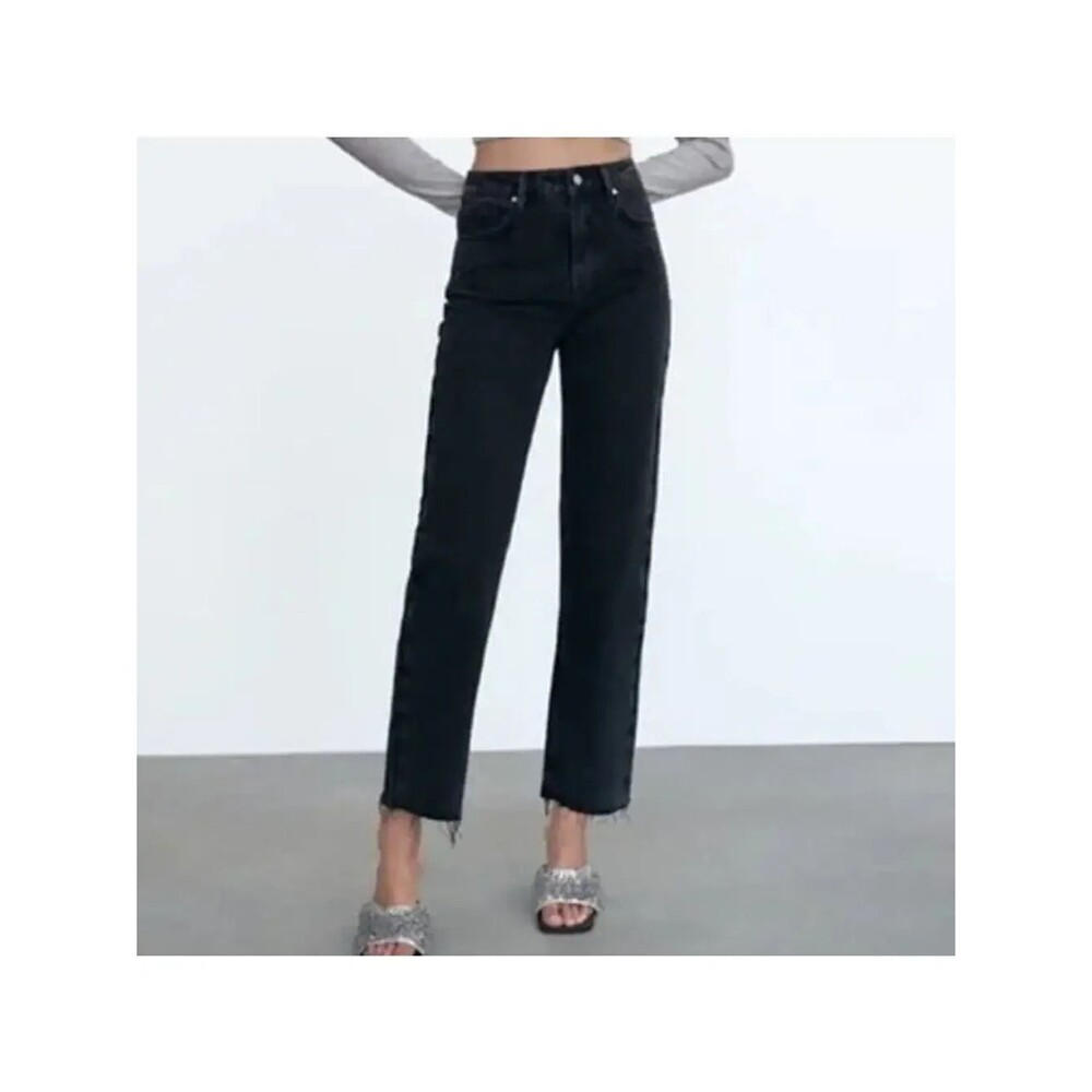Zara 90s High-Rise Ankle Straight Button Fly Raw Hem Black Size 6 Jeans